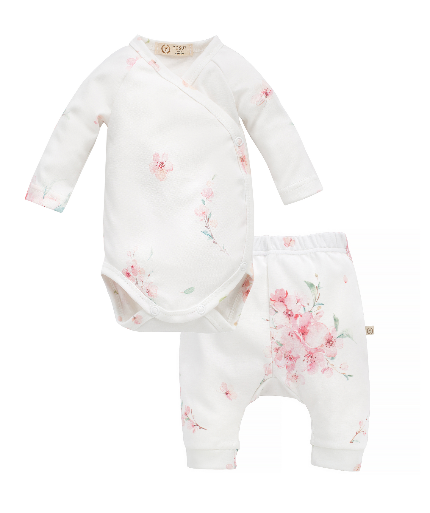 Long Sleeve Kimono Bodysuit and Pants, 2-Piece Set - JAPANESE FLOWERS