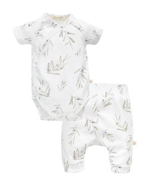 Short Sleeve Kimono Bodysuit and Pants, 2-Piece Set - OLIVE LEAVES